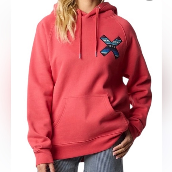 Blue Banana Coral Red Graphic Hoodie with Patterned Embroidered X Design - Picture 2 of 2